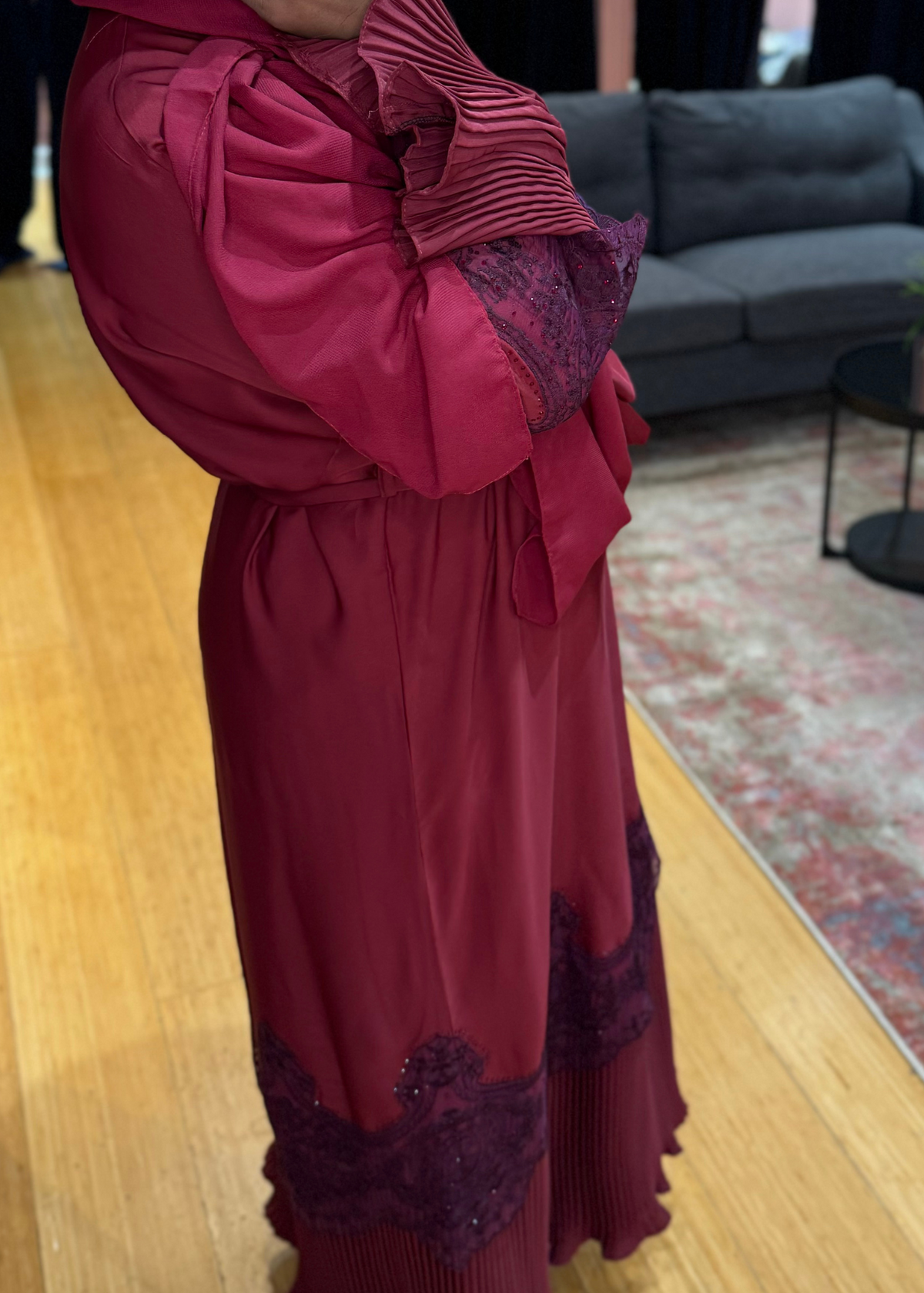Wine - Pleated Lace Abaya