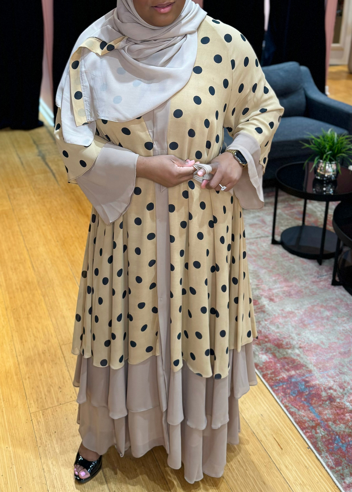 Khaki - Polka Dotted Layered Abaya