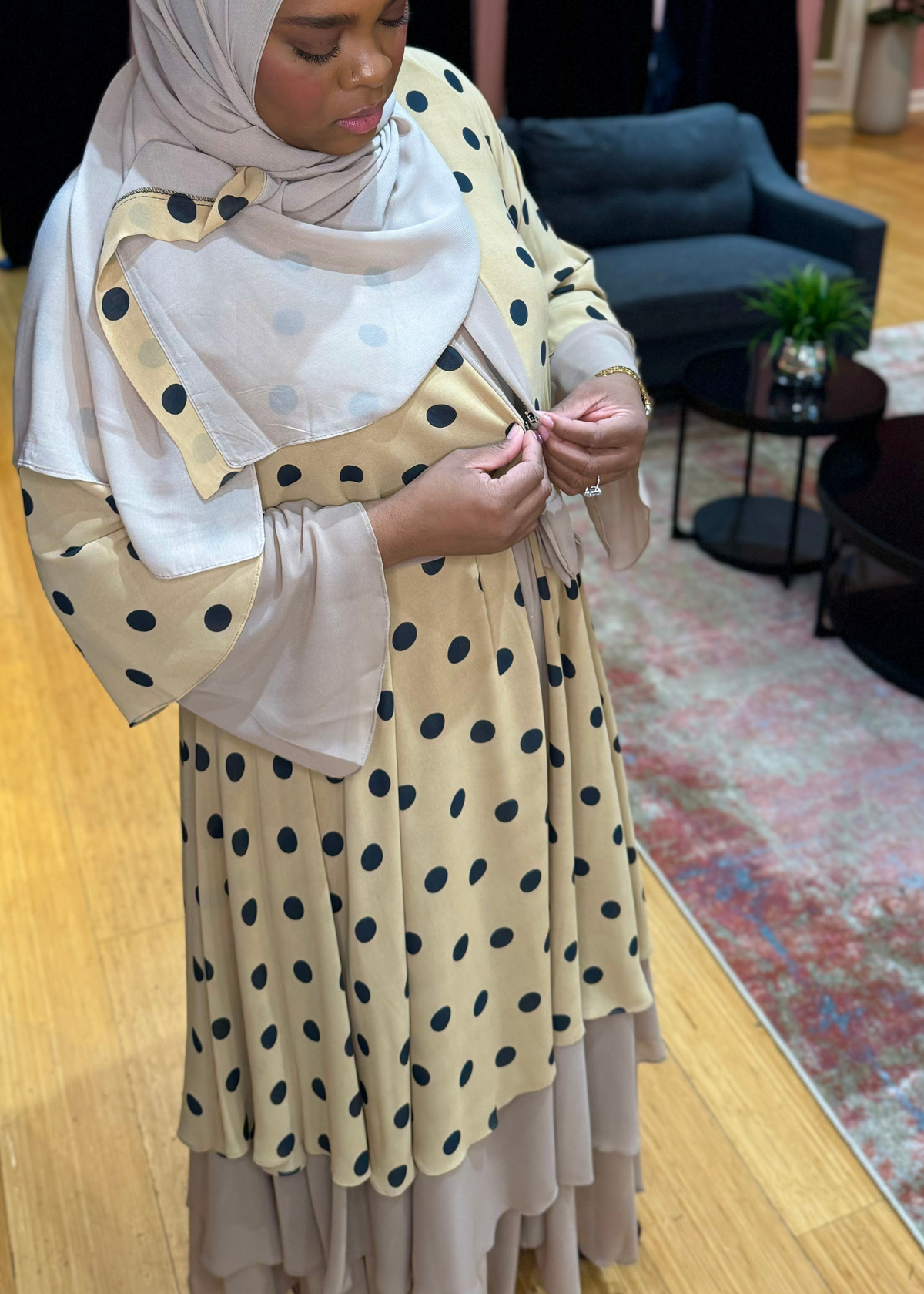 Khaki - Polka Dotted Layered Abaya