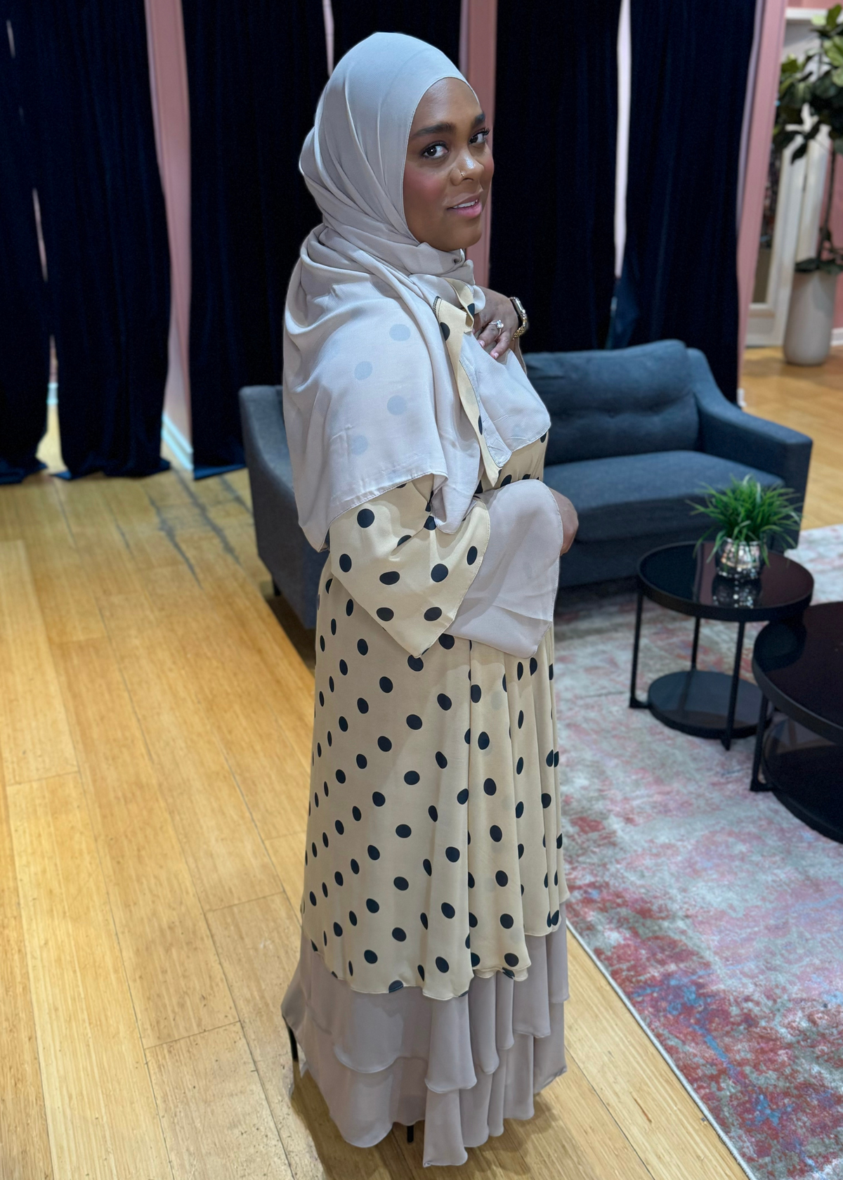 Khaki - Polka Dotted Layered Abaya