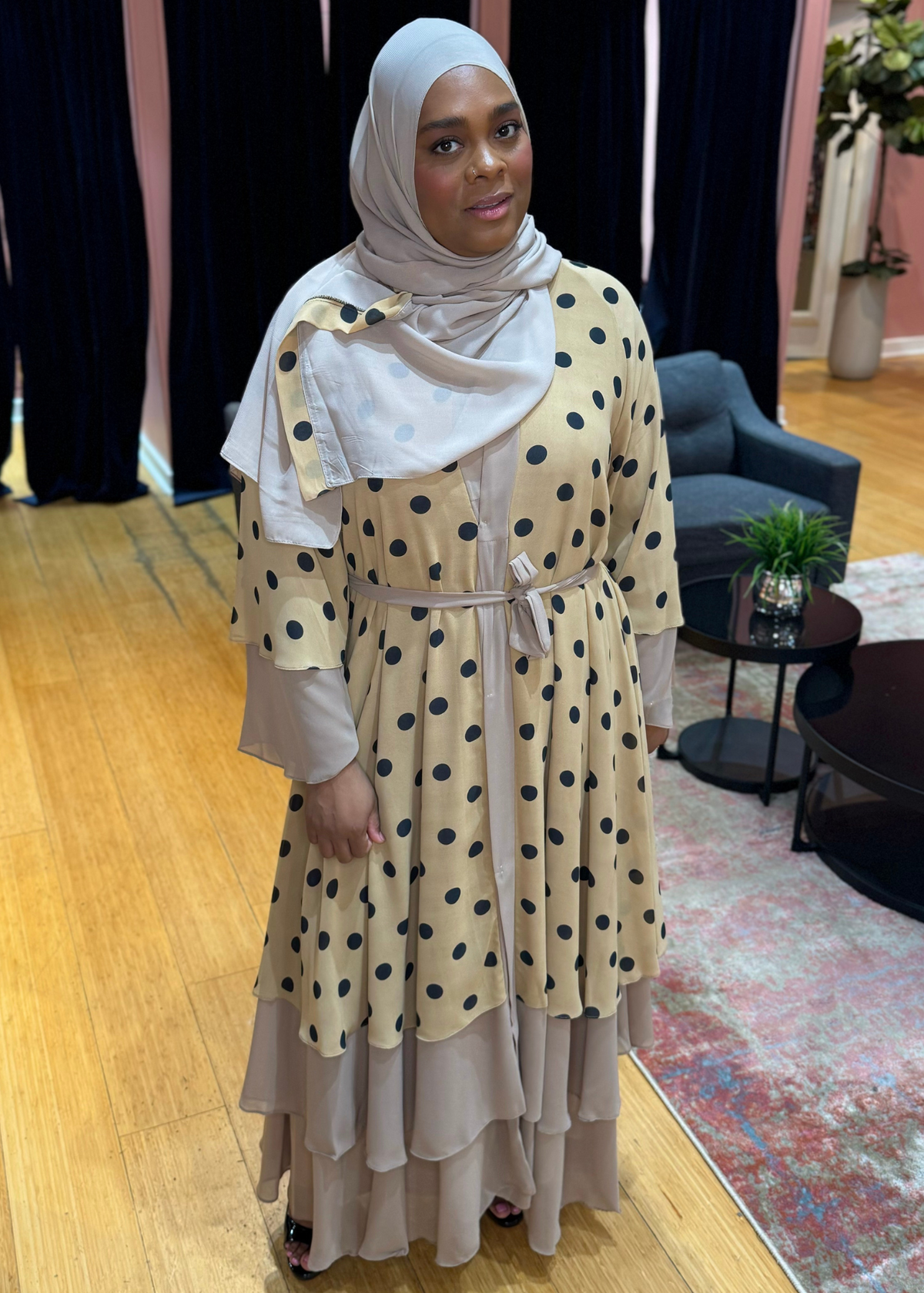 Khaki - Polka Dotted Layered Abaya