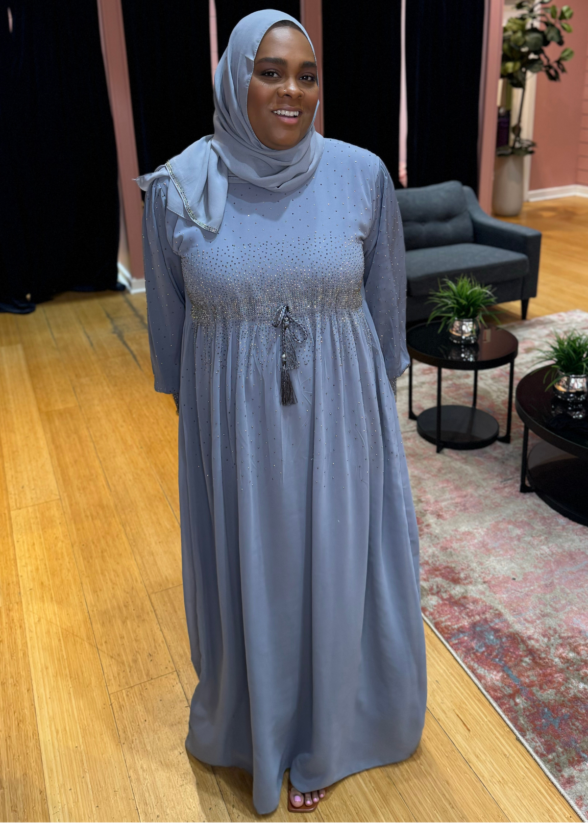 Grey - Glamour Rhinestone Abaya